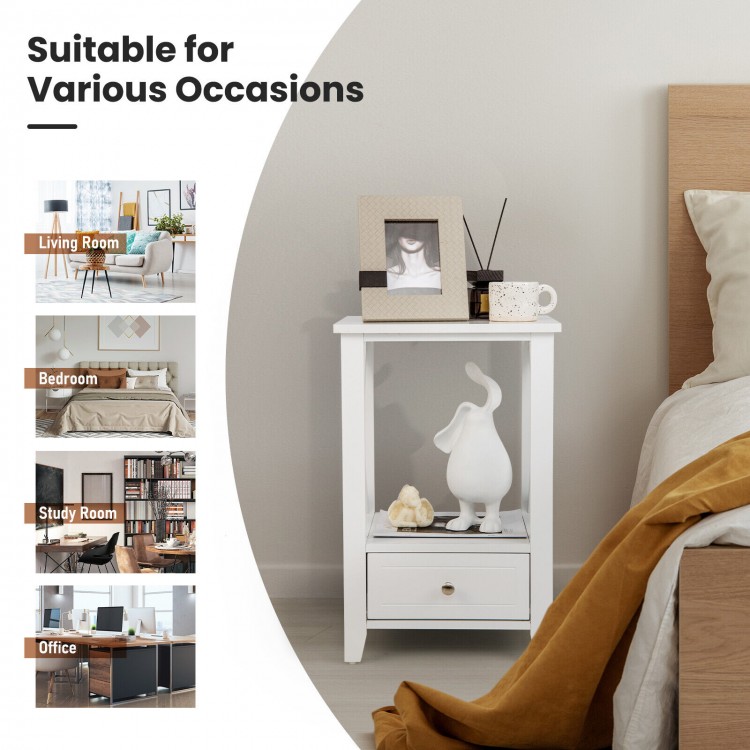 White 2-tier nightstand with storage drawer, featuring a sturdy MDF frame and large tabletop for versatile use.