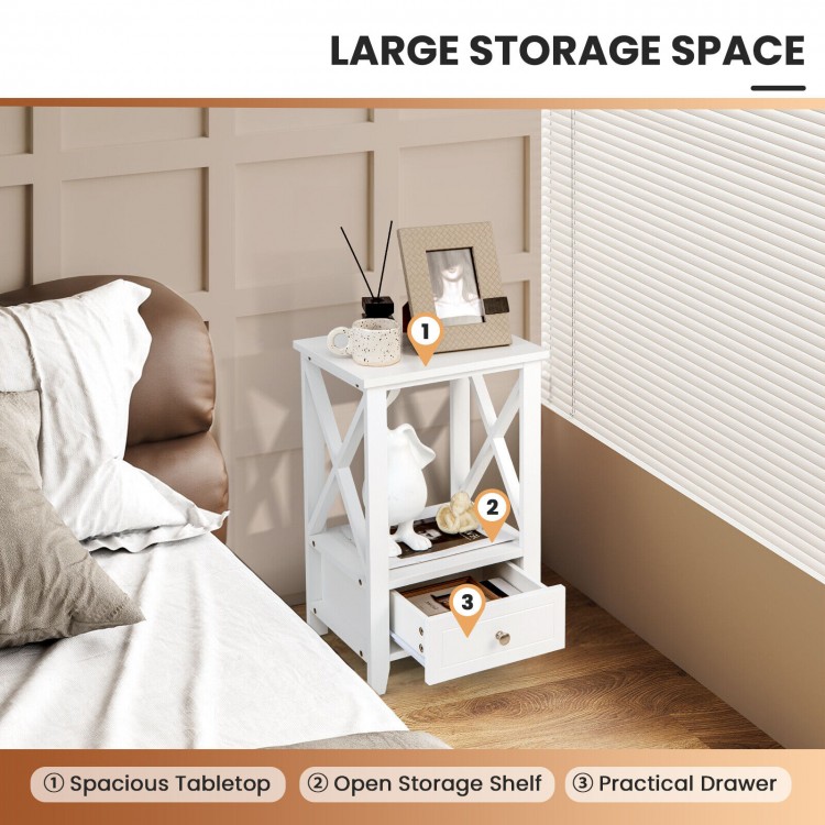 White 2-tier nightstand with spacious tabletop, open shelf, and drawer for versatile storage in any room.