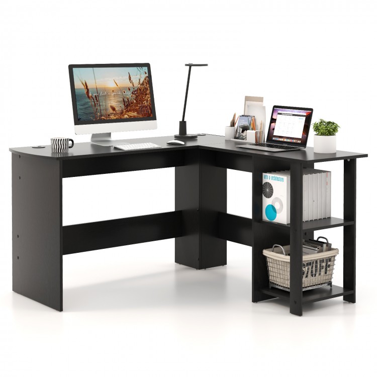 L-shaped black computer desk with 2-tier shelves, spacious surface for dual monitors, and cable management for a tidy.