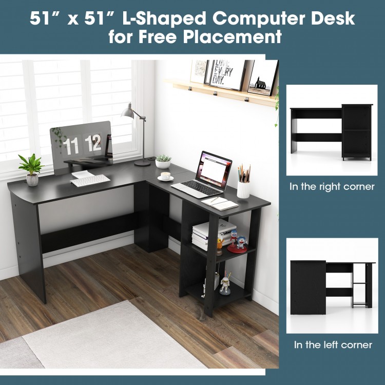 L-shaped black computer desk with 2-tier shelves, spacious desktop for dual monitors, ideal for home office use.
