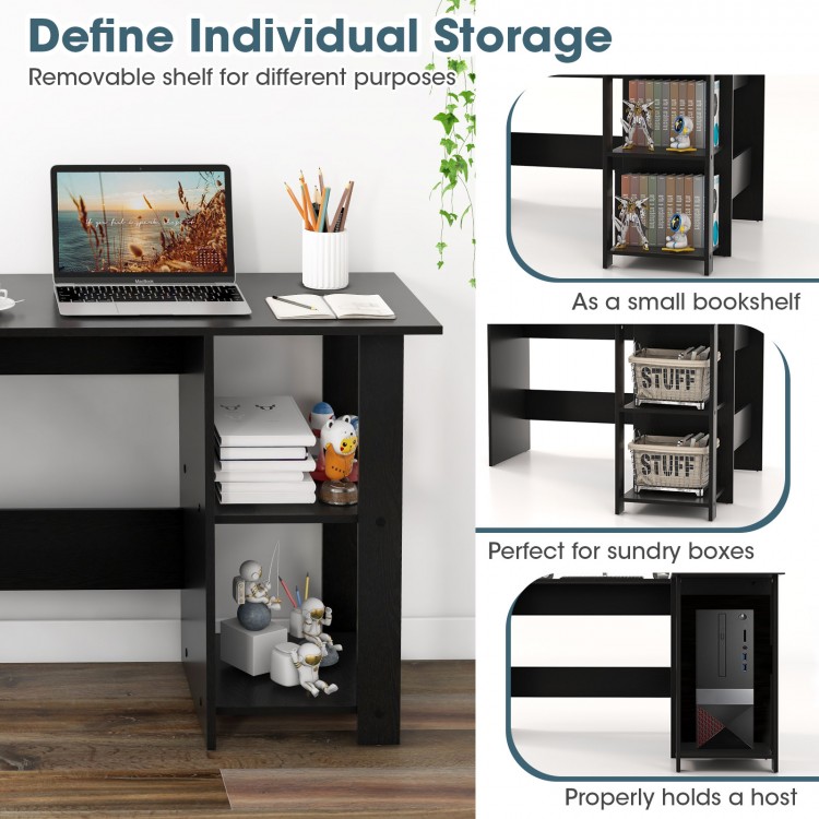 L-shaped black computer desk with 2-tier shelves, ideal for office documents and maximizing corner space.