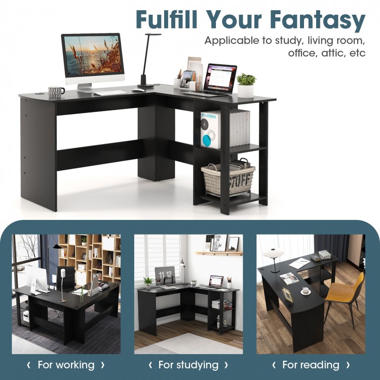 L-shaped black computer desk with 2-tier shelves, spacious surface for monitors, ideal for home office or study.