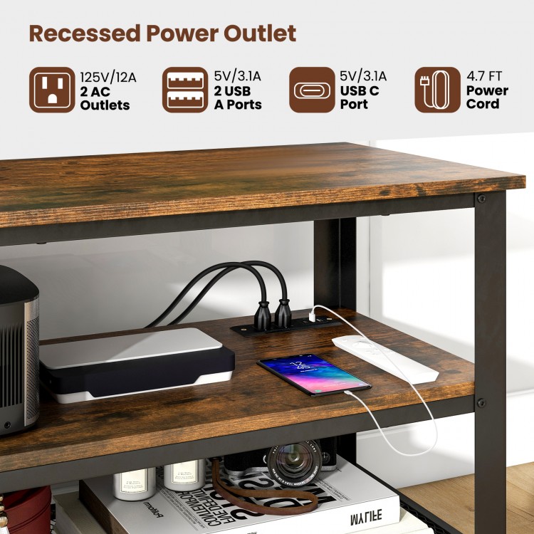 3-tier industrial entertainment TV stand featuring a metal mesh shelf and recessed power outlet for convenient charging.