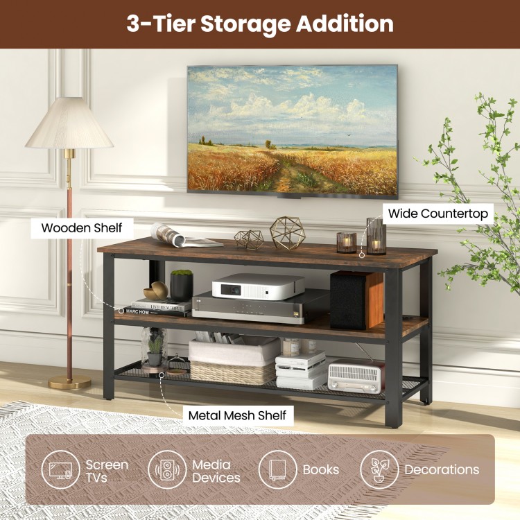 3-tier industrial entertainment TV stand with wooden shelves and metal mesh shelf, perfect for living room storage.