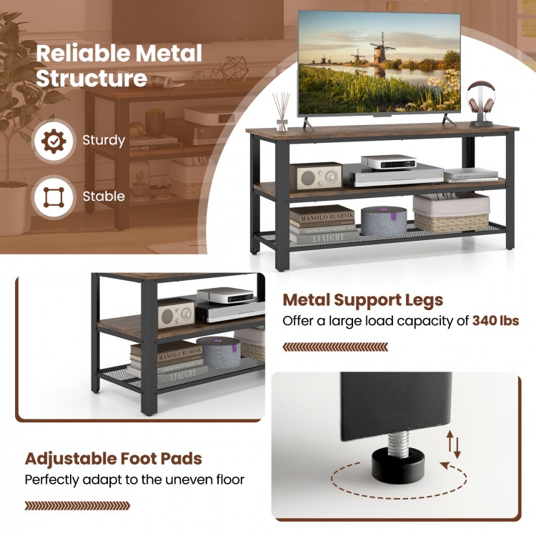 3-tier industrial TV stand with metal mesh shelf, durable wood and metal, adjustable foot pads for stability in living.