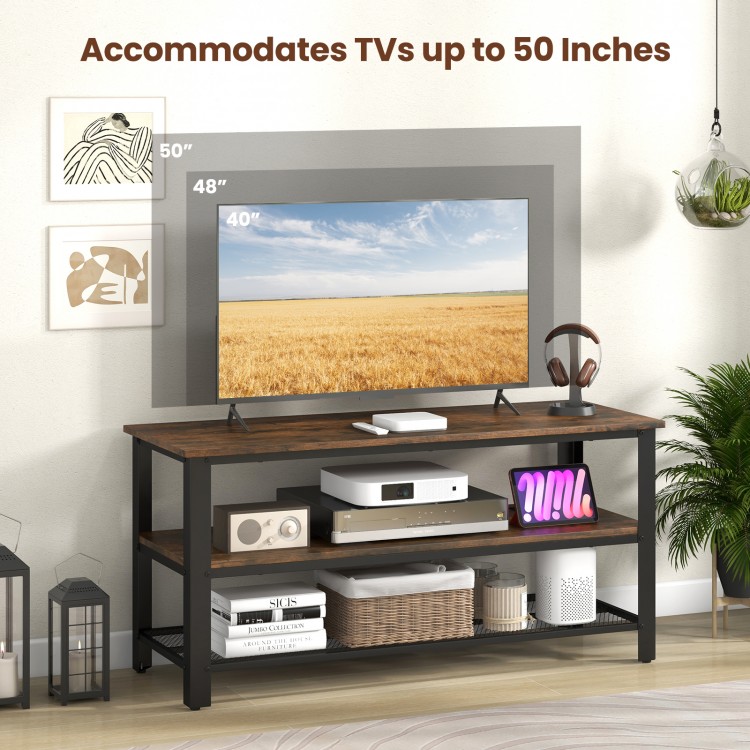 3-tier industrial TV stand in rustic style, accommodates TVs up to 50 inches, features open shelves and metal mesh.
