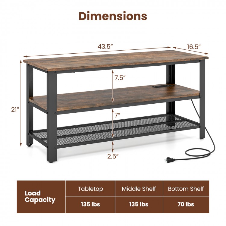 3-tier industrial entertainment TV stand with metal mesh shelf, featuring durable wood and adjustable foot pads for.