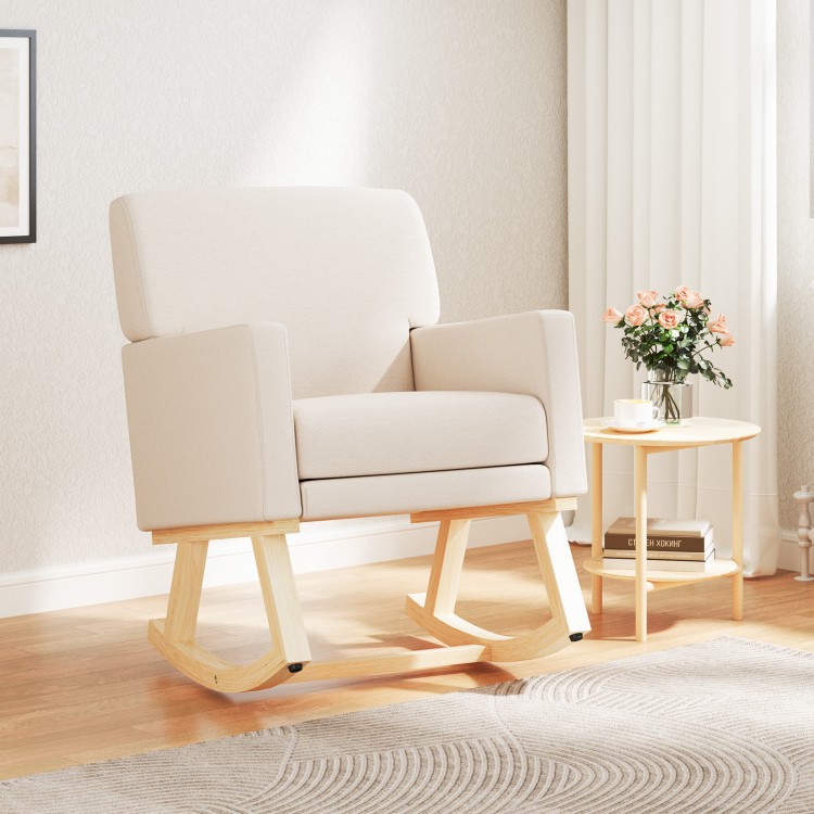 Upholstered rocking chair in beige with solid rubber wood base, perfect for living rooms and nurseries.