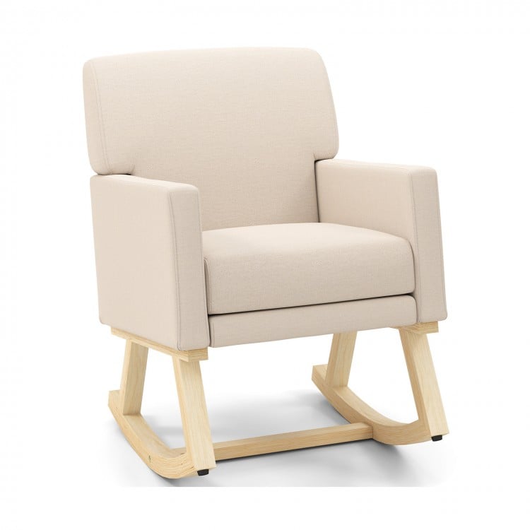 Upholstered rocking chair in beige with solid rubber wood base, designed for comfort and support in various settings.
