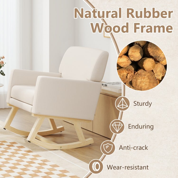 Upholstered rocking chair with solid rubber wood frame in beige, featuring ergonomic armrests and detachable cushion.