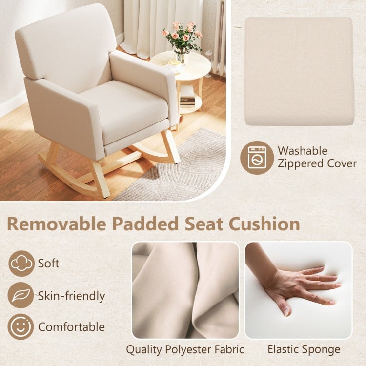 Upholstered rocking chair in beige with a solid wood base, featuring a removable padded seat cushion for comfort.