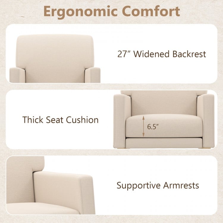 Upholstered rocking chair with solid wood base, featuring a widened backrest, thick cushion, and supportive armrests.