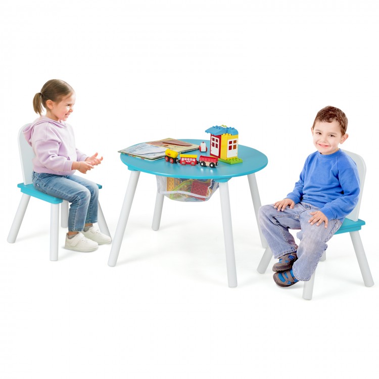 Wood activity kids table and chair set in blue with central mesh storage, ideal for play, study, and dining.