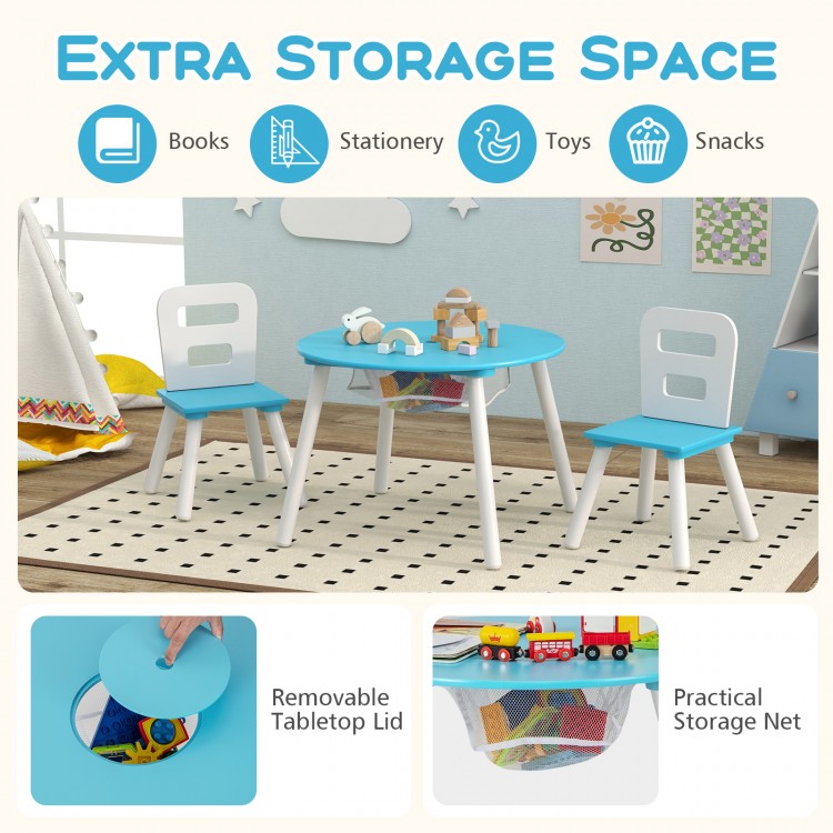 Kids table and chair set in blue with removable lid, featuring central mesh storage for toys and snacks, safe design.