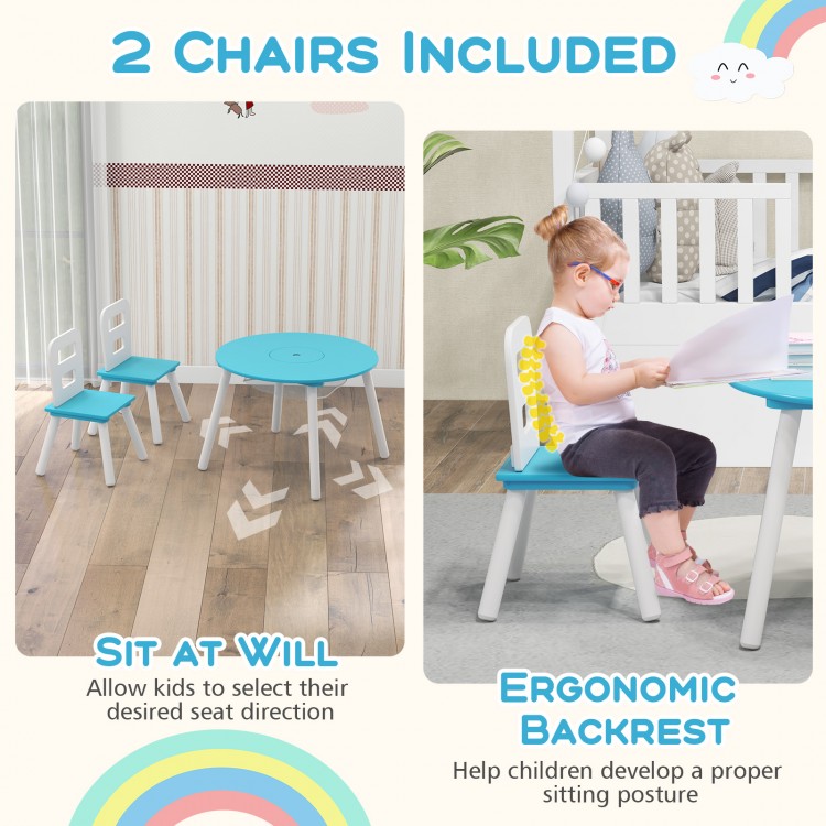 Kids table and chair set in blue with ergonomic backrest, ideal for study and play, featuring central storage bag.