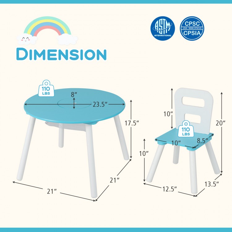 Kids table and chair set in blue with central mesh storage, sturdy MDF material, ideal for play and study.