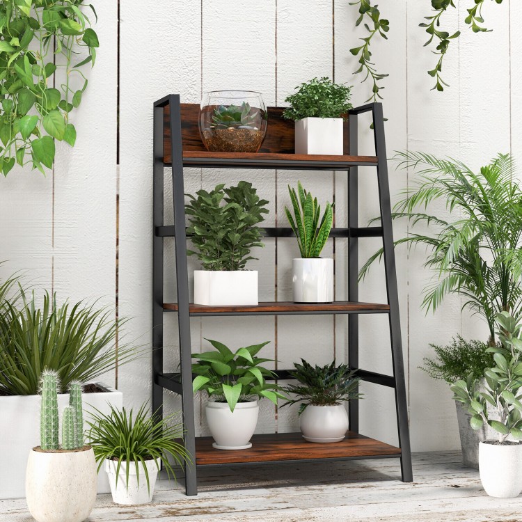3-tier ladder industrial bookshelf with wooden shelves and metal frame, ideal for displaying plants and organizing.
