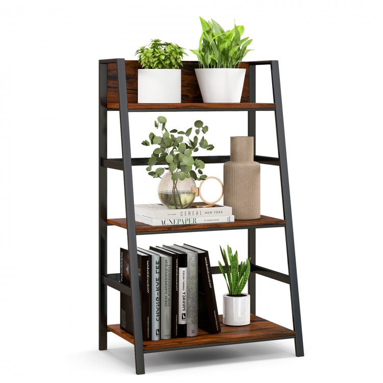 3-tier ladder industrial bookshelf with a sturdy metal frame, wooden shelves, and plants for stylish organization.