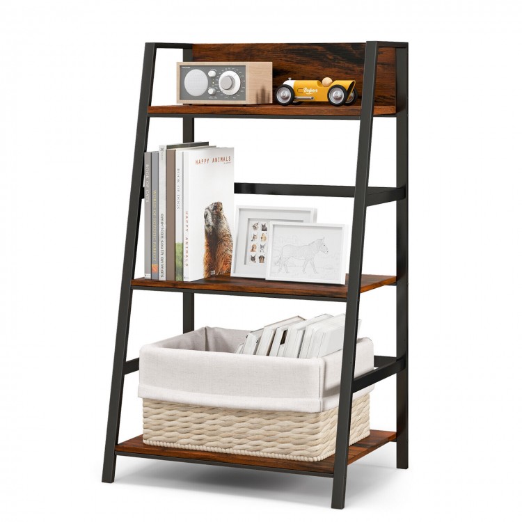 3-tier ladder industrial bookshelf with wooden shelves and metal frame, perfect for organizing books and decor.