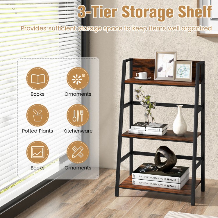 3-tier ladder industrial bookshelf with wooden shelves and metal frame, ideal for organizing books and decorative items.