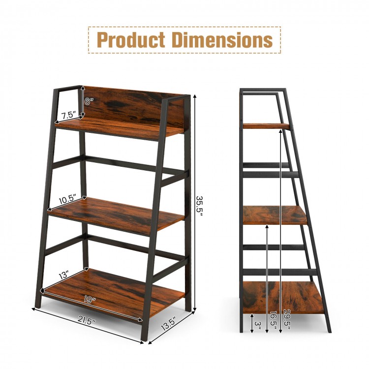 3-tier ladder industrial bookshelf with a sturdy metal frame and wooden shelves, ideal for organizing and displaying.