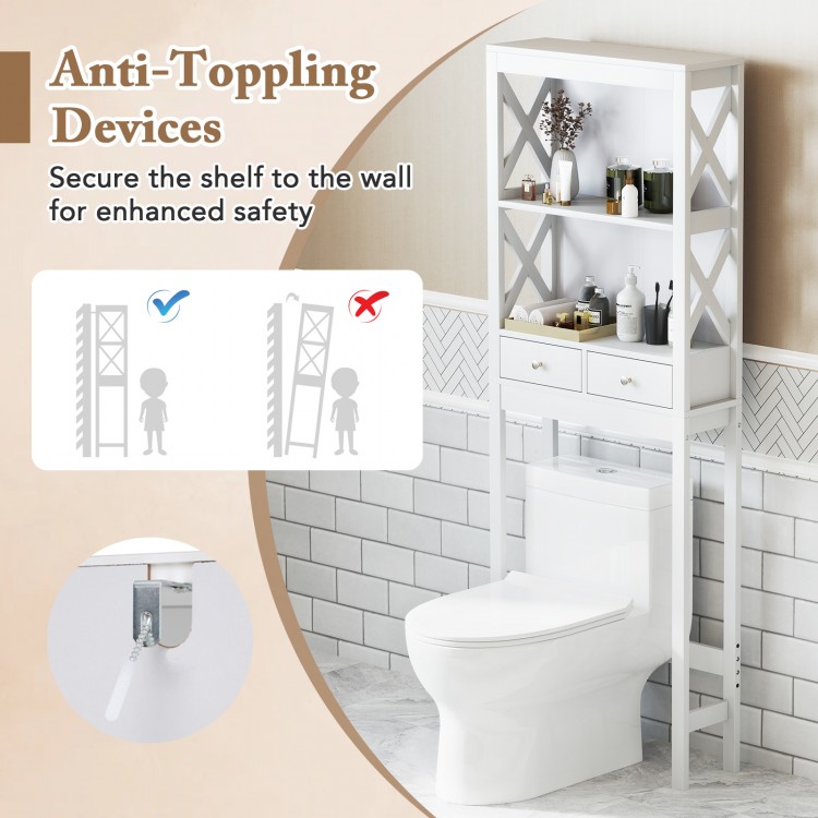 Over the toilet storage rack with three shelves and two drawers, designed for enhanced safety and space efficiency.