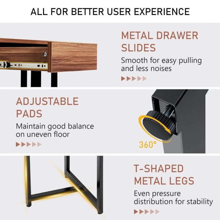 Close-up of the 48-inch walnut computer desk's T-shaped metal legs and adjustable pads for stability on uneven floors.