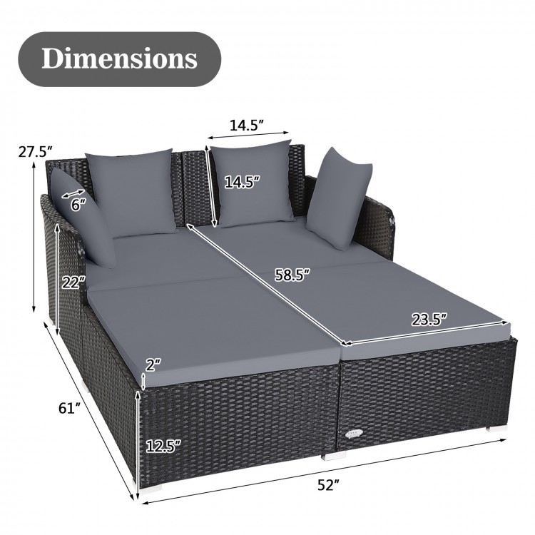 Dimensions of the spacious outdoor rattan daybed with gray upholstered cushions, designed for comfort and support.