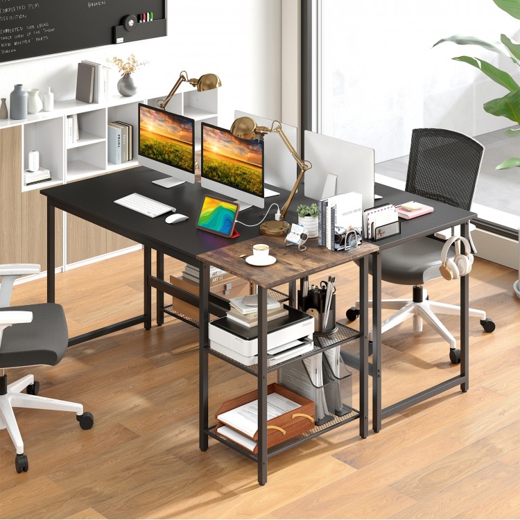 Black 59-inch home office computer desk showcasing a side view with removable shelves and built-in charging station for.