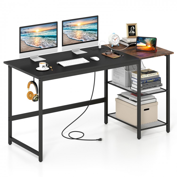 Black 59-inch home office computer desk featuring a side hook for headphone storage and a sturdy metal frame for.