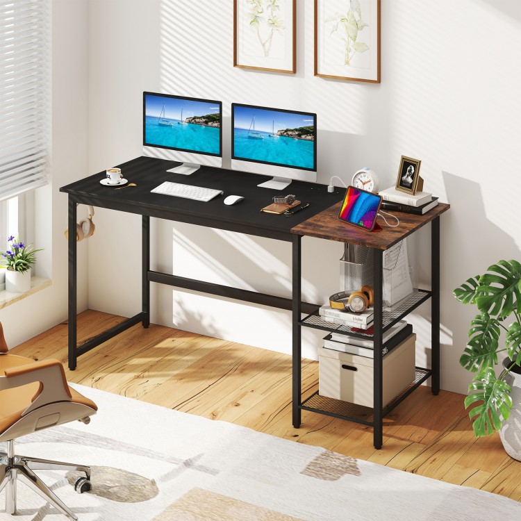 Home office computer desk with removable storage shelves, black finish, featuring charging station and robust metal.