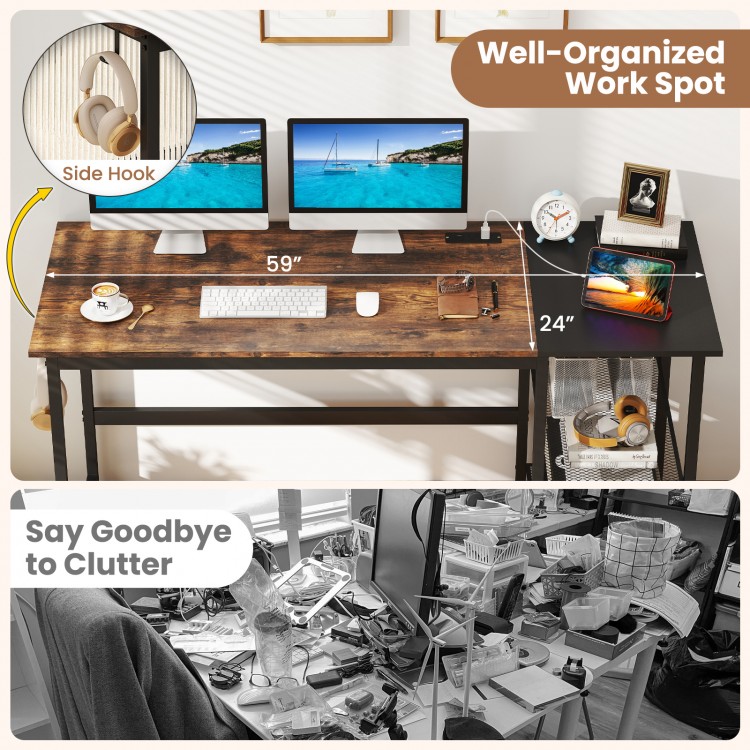 59-inch home office computer desk in black with removable shelves, side hook, and built-in charging station for.