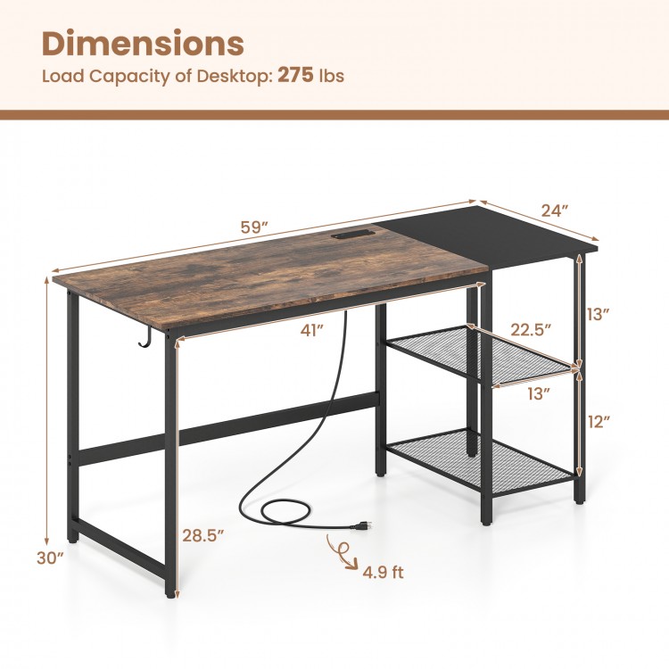 59-inch home office computer desk in black with removable storage shelves and built-in charging station for efficient.