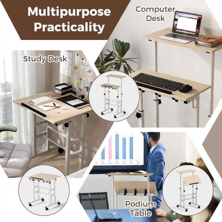 Height-adjustable mobile standing desk with split top, ergonomic design, and 4 casters for easy mobility and versatile.