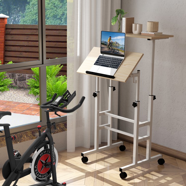 Height-adjustable mobile standing desk with split top, ergonomic design, and casters for easy mobility in a home office.