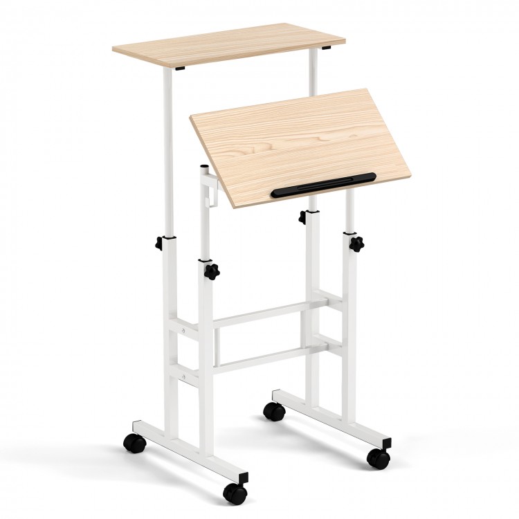 Height-adjustable mobile standing desk with split top and adjustable angle for versatile workspace use and easy.