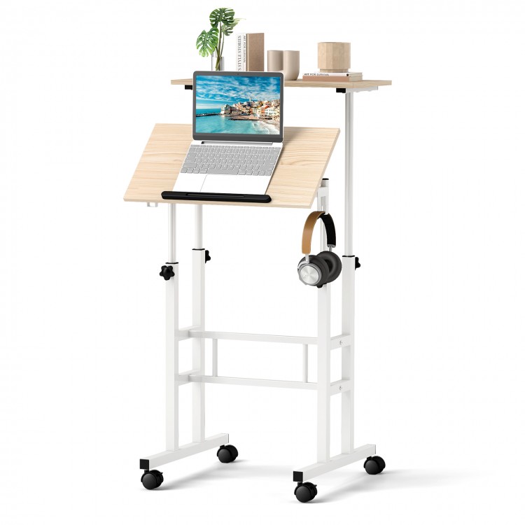 Height-adjustable mobile standing desk with split top, ergonomic design, and casters for easy mobility and versatile.
