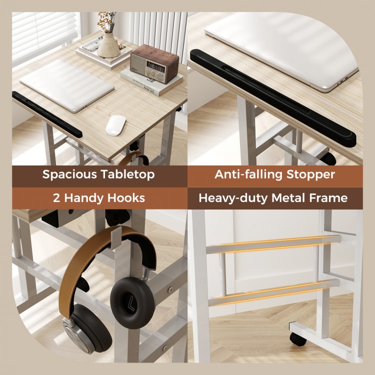 Height-adjustable mobile standing desk with spacious tabletop, anti-falling stopper, and heavy-duty metal frame for.