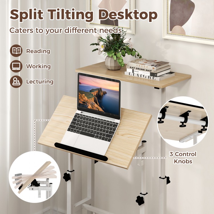 Height-adjustable mobile standing desk with split top, ergonomic design, and 3 control knobs for versatile use.