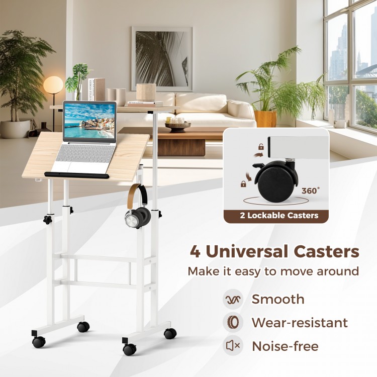 Height-adjustable mobile standing desk with split top, ergonomic design, and 4 universal casters for easy mobility.