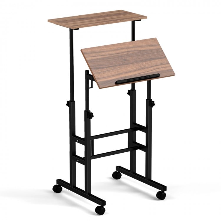 Height-adjustable mobile standing desk with walnut finish, featuring a split top and reinforced metal frame for.