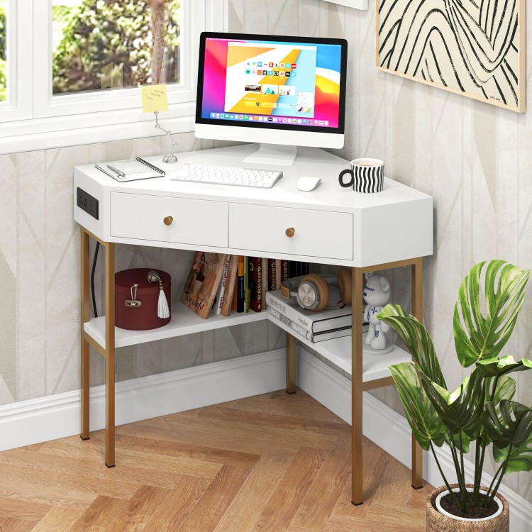 Triangle corner desk in white with 2 drawers and a charging station, ideal for compact spaces in home offices or.