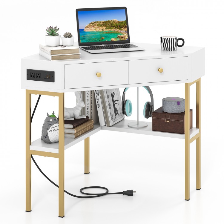 Triangle corner desk in white with 2 drawers, storage shelf, and charging station for home office or study use.