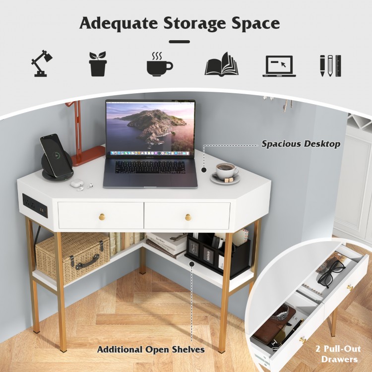Triangle corner desk in white with charging station, featuring 2 drawers and open shelf for efficient storage.