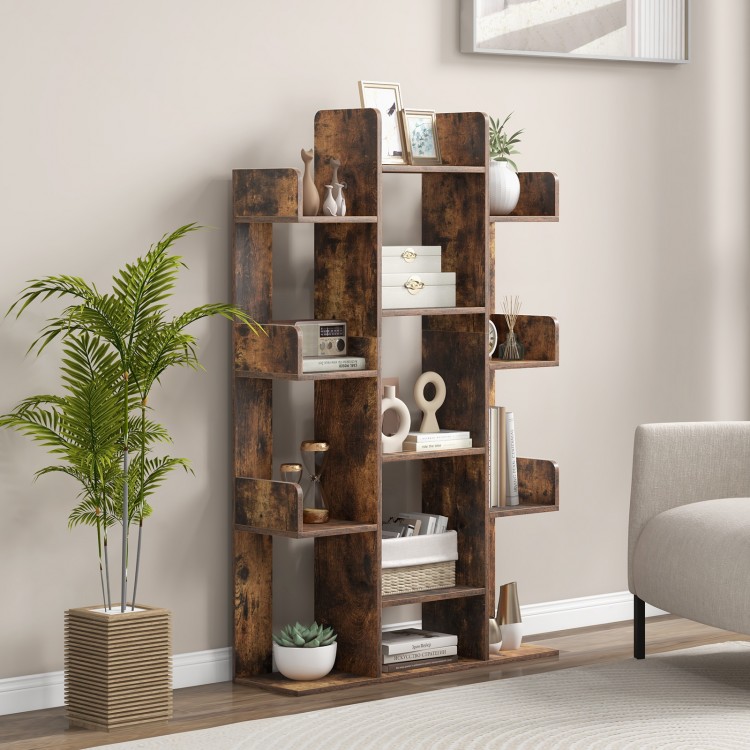 Tree-shaped bookshelf with a rustic brown finish, featuring 13 compartments for stylish home office display and.