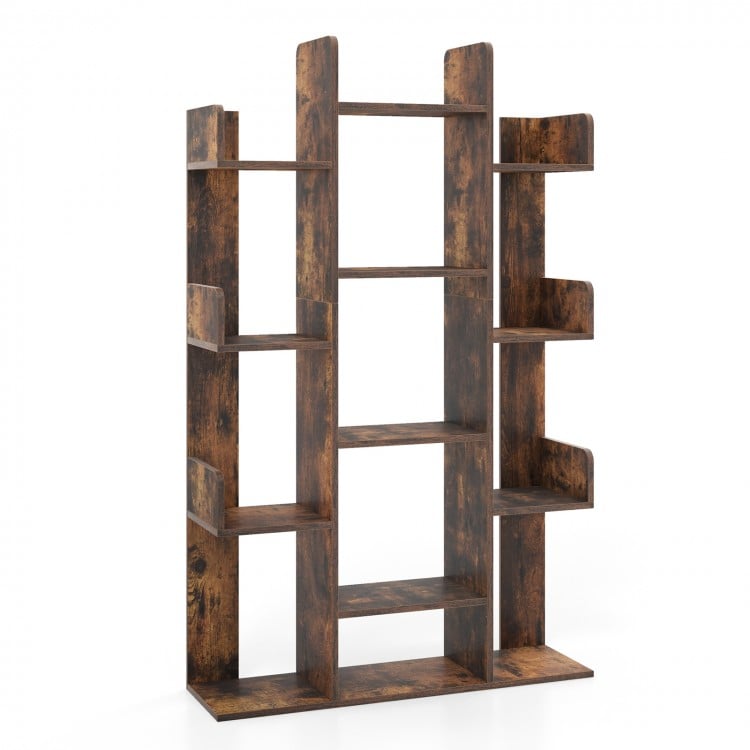 Tree-shaped bookshelf in rustic brown with 13 compartments, ideal for home office organization and decor.