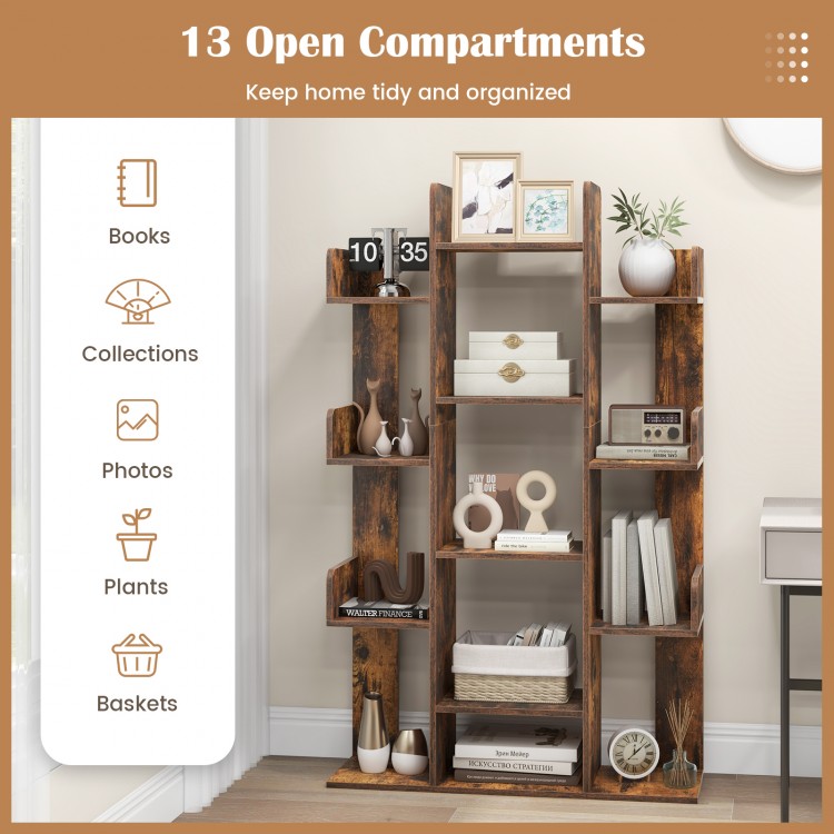 Tree-shaped bookshelf in rustic brown with 13 open compartments, perfect for organizing books and decor in any room.