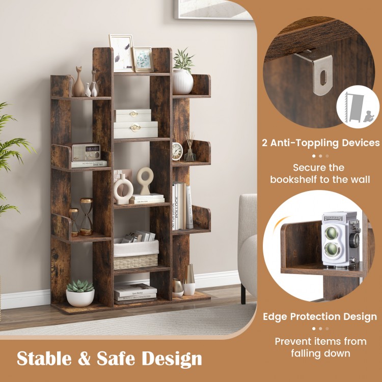 Tree-shaped bookshelf in rustic brown with 13 compartments, designed for stability and organization in home offices.