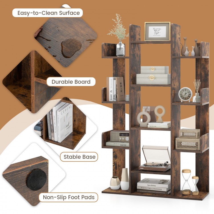 Tree-shaped bookshelf in rustic brown with 13 compartments, stable base, and non-slip foot pads for home office.