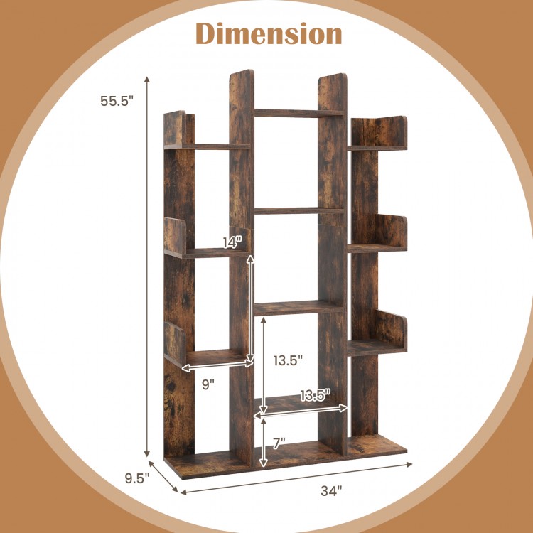 Tree-shaped bookshelf in rustic brown with 13 compartments, 55.5" tall, ideal for home office organization.